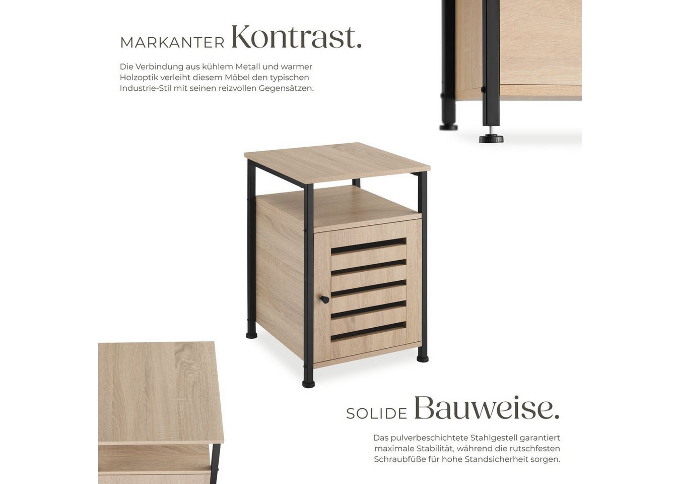 tectake Beistellschrank Nachtschrank, 40,5 x 40,5 x 60,5 cm, höhenverstellbare (Kleinschrank Cork, 1-St., in Industrial Holz hell, Eiche Sonoma) Holz und Stahl, – Bild 3 von 5