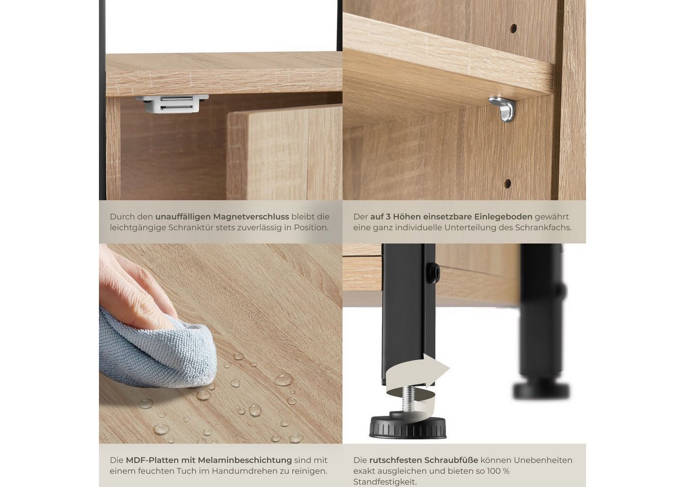 tectake Beistellschrank Nachtschrank, 40,5 x 40,5 x 60,5 cm, höhenverstellbare (Kleinschrank Cork, 1-St., in Industrial Holz hell, Eiche Sonoma) Holz und Stahl, – Bild 4 von 5