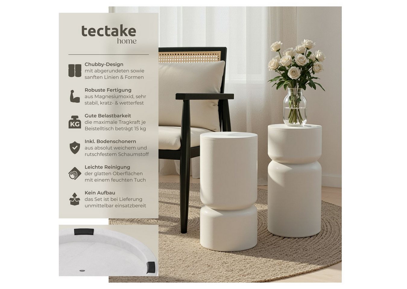 tectake Beistelltisch 2er-Set Ablagetisch, Maße: 28 x 54,5 cm, robustes Magnesiumoxid (Sofatisch Amine, 1-St., in weiß), Chubby-Design, wetterfest, inkl. Bodens – Bild 2 von 5