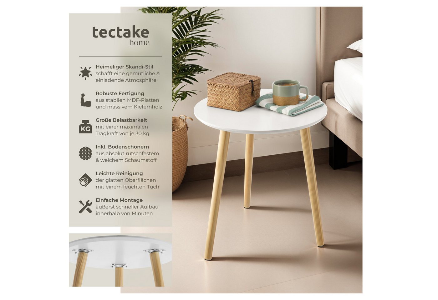tectake Beistelltisch 2er-Set Ablagetisch, Belastbarkeit je 30 kg, robuste MDF-Platte (Sofatisch Skaland, 1-St., in braun/weiß), Skandi-Style, massive Holzbeine – Bild 2 von 5