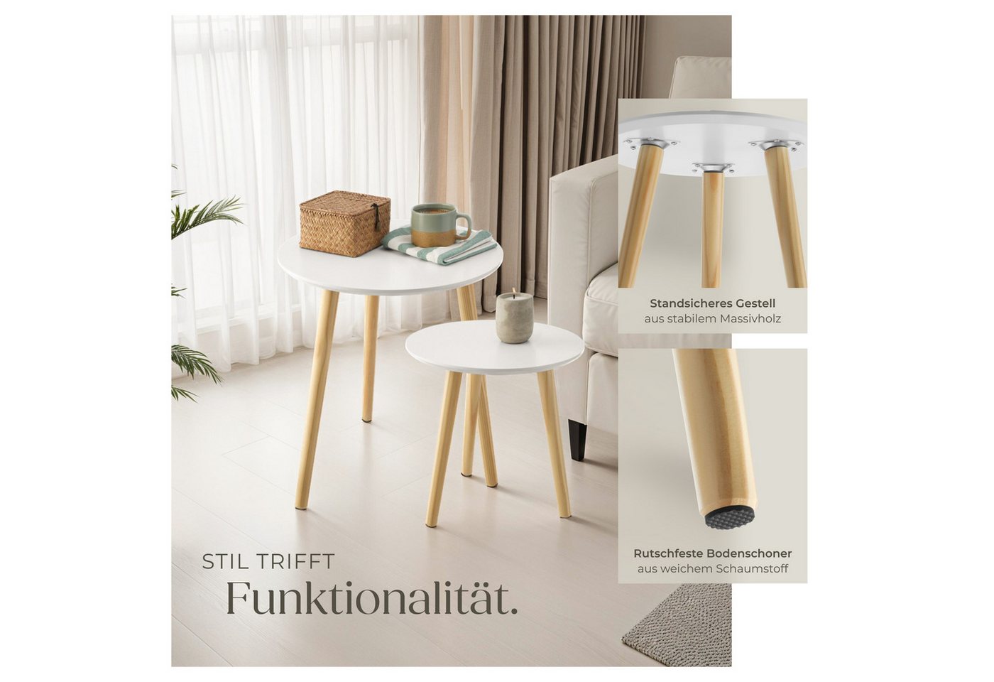 tectake Beistelltisch 2er-Set Ablagetisch, Belastbarkeit je 30 kg, robuste MDF-Platte (Sofatisch Skaland, 1-St., in braun/weiß), Skandi-Style, massive Holzbeine – Bild 4 von 5