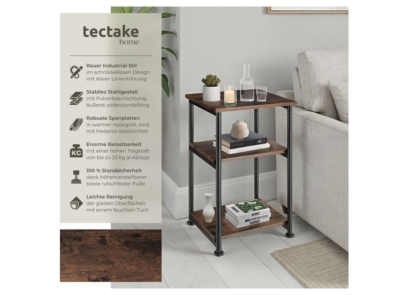 tectake Beistelltisch Ablagetisch, 34 x 30 x 59 cm, mit höhenverstellbaren Kunststofffüßen (Sofatisch Memphis, 1-St., in Industrial Holz dunkel, rustikal), Indu – Bild 2 von 5