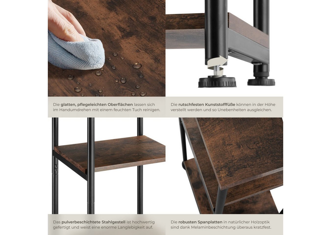 tectake Beistelltisch Ablagetisch, 34 x 30 x 59 cm, mit höhenverstellbaren Kunststofffüßen (Sofatisch Memphis, 1-St., in Industrial Holz dunkel, rustikal), Indu – Bild 4 von 5
