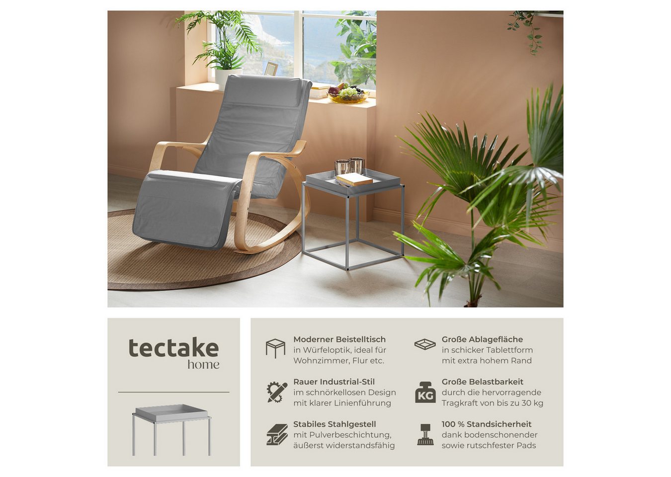 tectake Beistelltisch Ablagetisch, 40 x 40 x 44 cm, mit bodenschonenden Anti-Rutsch-Pads (Sofatisch Cambridge, 1-St., in grau), Stahl, ausgestattet mit Ablage i – Bild 2 von 5