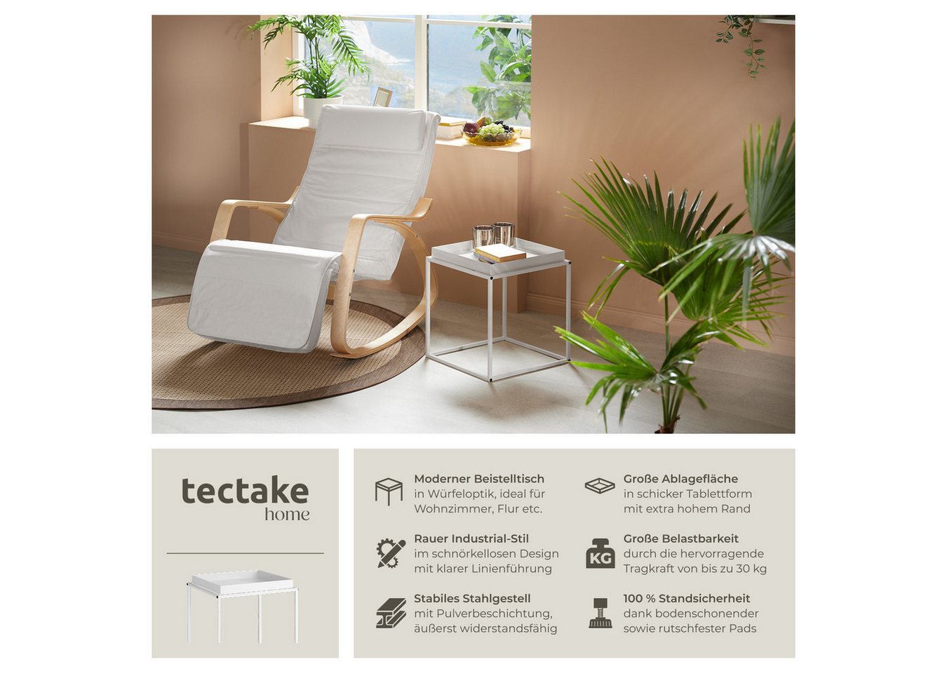 tectake Beistelltisch Ablagetisch, 40 x 40 x 44 cm, mit bodenschonenden Anti-Rutsch-Pads (Sofatisch Cambridge, 1-St., in weiß), Stahl, ausgestattet mit Ablage i – Bild 2 von 5