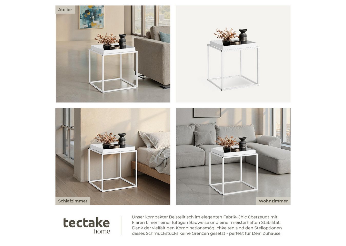 tectake Beistelltisch Ablagetisch, 40 x 40 x 44 cm, mit bodenschonenden Anti-Rutsch-Pads (Sofatisch Cambridge, 1-St., in weiß), Stahl, ausgestattet mit Ablage i – Bild 5 von 5