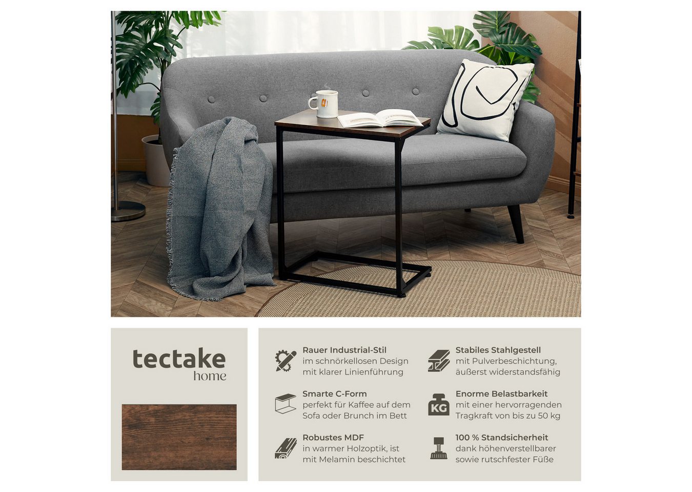 tectake Beistelltisch Ablagetisch, 55,5 x 35 x 67 cm, Industrial Style, Holz und Stahl (Sofatisch Cardiff, 1-St., in Industrial Holz dunkel, rustikal), In prakt – Bild 2 von 5