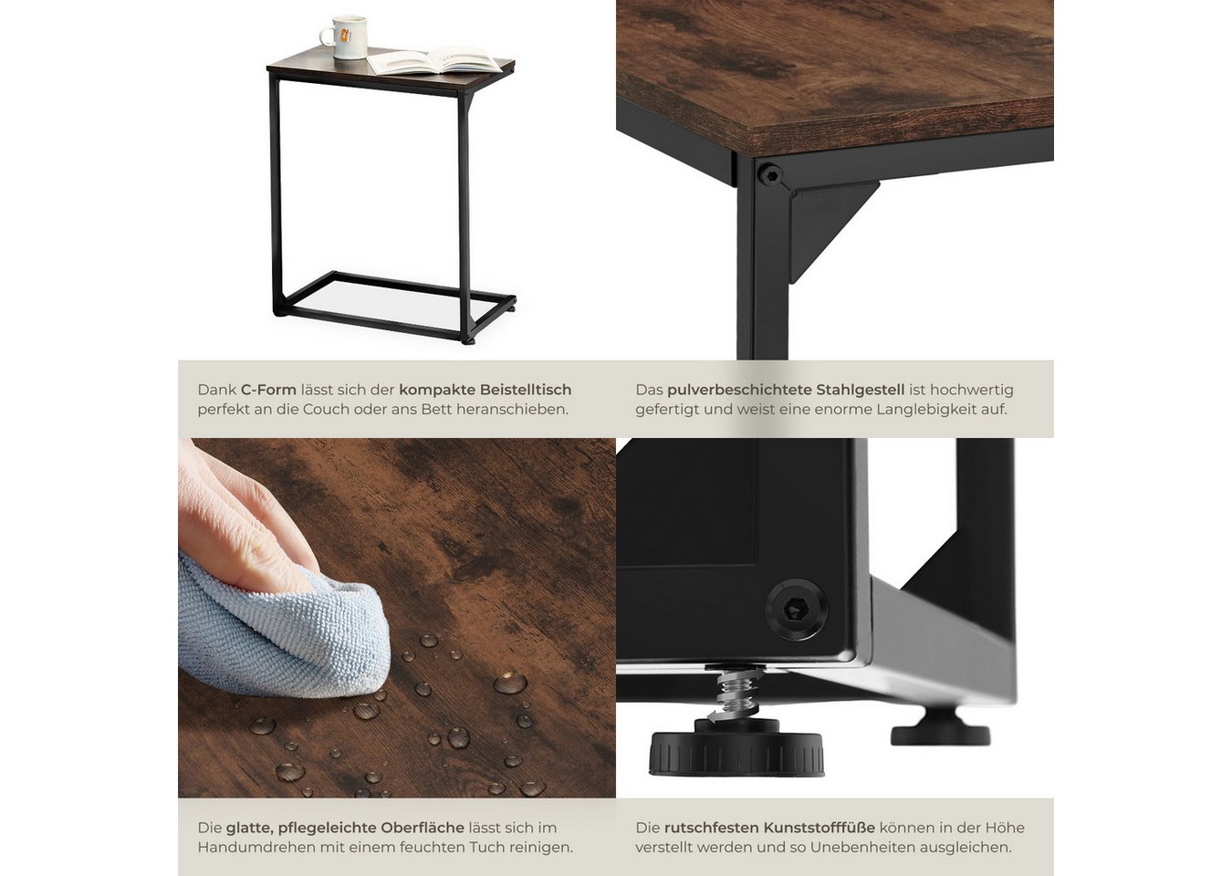 tectake Beistelltisch Ablagetisch, 55,5 x 35 x 67 cm, Industrial Style, Holz und Stahl (Sofatisch Cardiff, 1-St., in Industrial Holz dunkel, rustikal), In prakt – Bild 4 von 5
