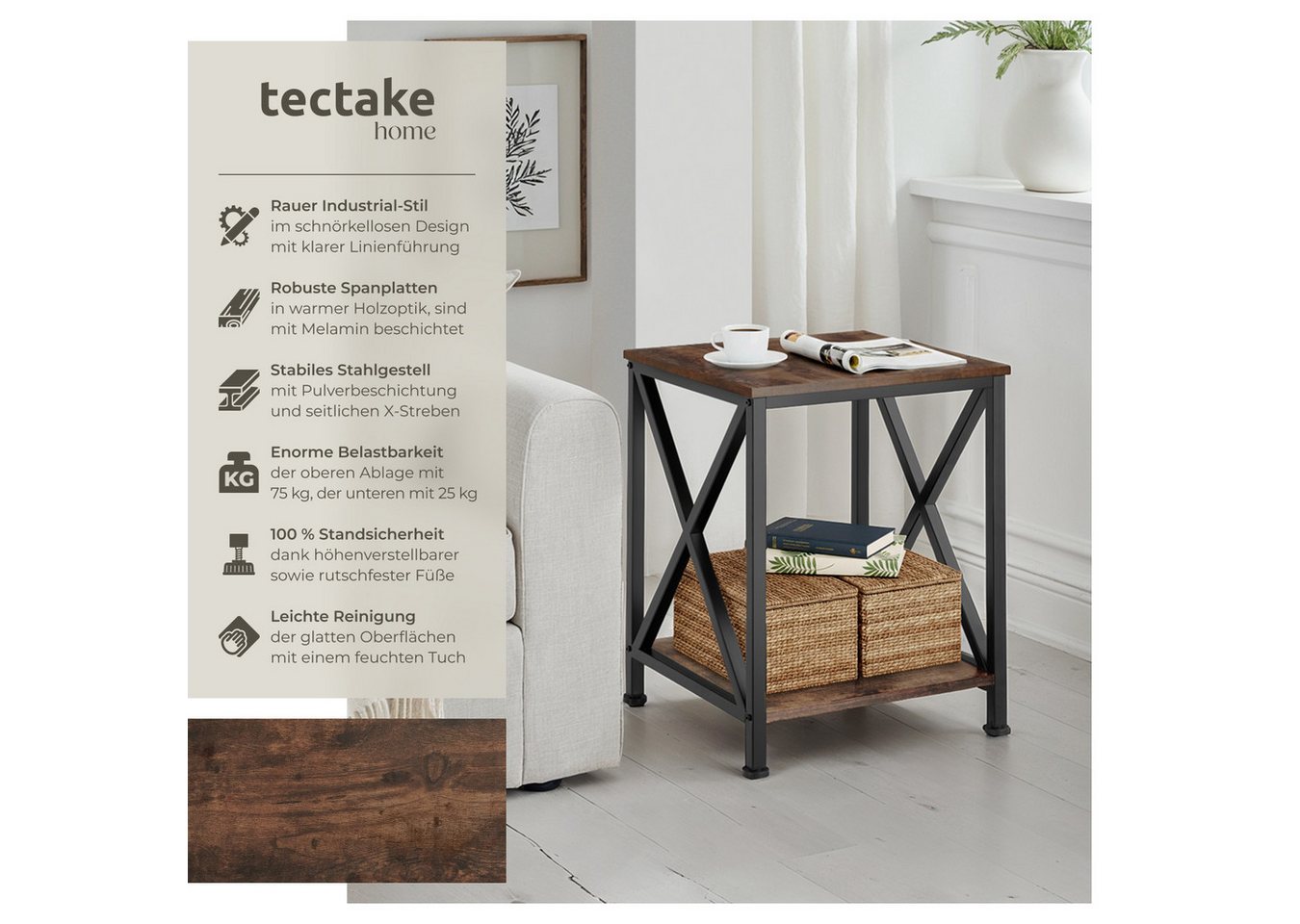 tectake Beistelltisch Ablagetisch, 40,5 x 40,5 x 52,5 cm, ausgestattet mit 2 Ablagen (Sofatisch Carlton, 1-St., in Industrial Holz dunkel, rustikal), Industrial – Bild 2 von 5