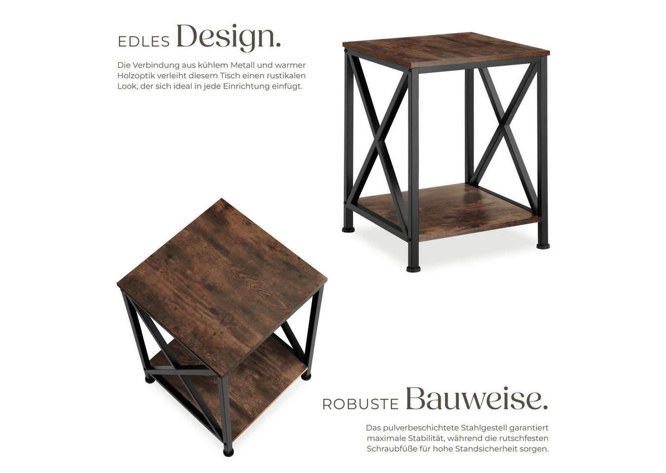tectake Beistelltisch Ablagetisch, 40,5 x 40,5 x 52,5 cm, ausgestattet mit 2 Ablagen (Sofatisch Carlton, 1-St., in Industrial Holz dunkel, rustikal), Industrial – Bild 3 von 5