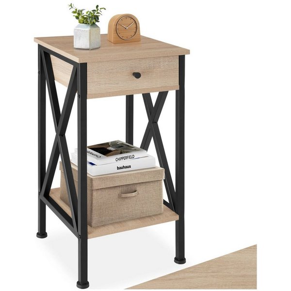 tectake Beistelltisch Ablagetisch, Holz & Stahl, 2 Ablagen, Schublade & seitlichen (Sofatisch Dayton, 1-St., in Industrial Holz hell, Eiche Sonoma), 35 x 35 x 7