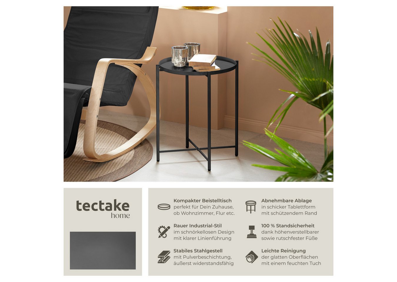 tectake Beistelltisch Ablagetisch, 45,5 x 45,5 x 53 cm, rund mit abnehmbarer Ablage (Sofatisch Chester, 1-St., in schwarz), Stahl, filigranes Gestell, mit höhen – Bild 2 von 5