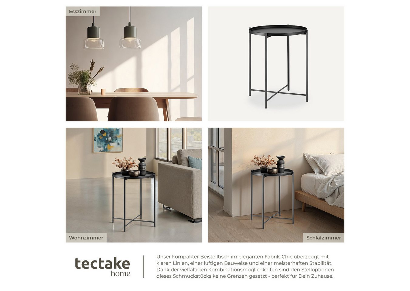 tectake Beistelltisch Ablagetisch, 45,5 x 45,5 x 53 cm, rund mit abnehmbarer Ablage (Sofatisch Chester, 1-St., in schwarz), Stahl, filigranes Gestell, mit höhen – Bild 5 von 5