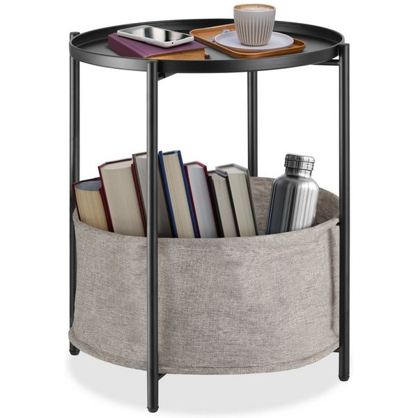 tectake Beistelltisch Ablagetisch, 45,5 x 45,5 x 53 cm, höhenverstellbare Kunststofffüße (Sofatisch Canterbury, 1-St., in schwarz), Stahl und Polyester, rund mi