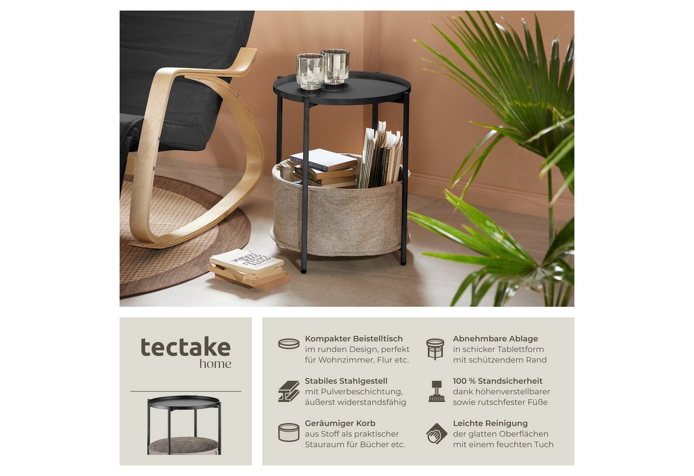 tectake Beistelltisch Ablagetisch, 45,5 x 45,5 x 53 cm, höhenverstellbare Kunststofffüße (Sofatisch Canterbury, 1-St., in schwarz), Stahl und Polyester, rund mi – Bild 2 von 5