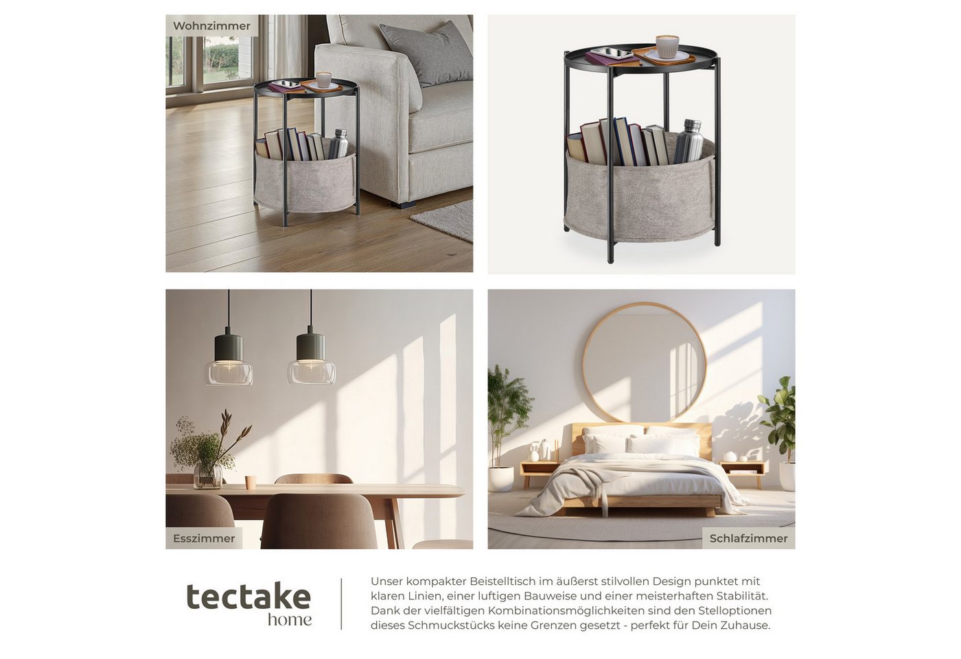 tectake Beistelltisch Ablagetisch, 45,5 x 45,5 x 53 cm, höhenverstellbare Kunststofffüße (Sofatisch Canterbury, 1-St., in schwarz), Stahl und Polyester, rund mi – Bild 5 von 5