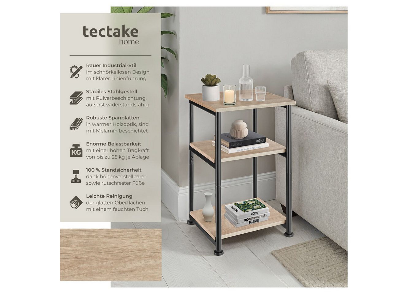 tectake Beistelltisch Ablagetisch, 34 x 30 x 59 cm, mit höhenverstellbaren Kunststofffüßen (Sofatisch Memphis, 1-St., in Industrial Holz hell, Eiche Sonoma), In – Bild 2 von 5