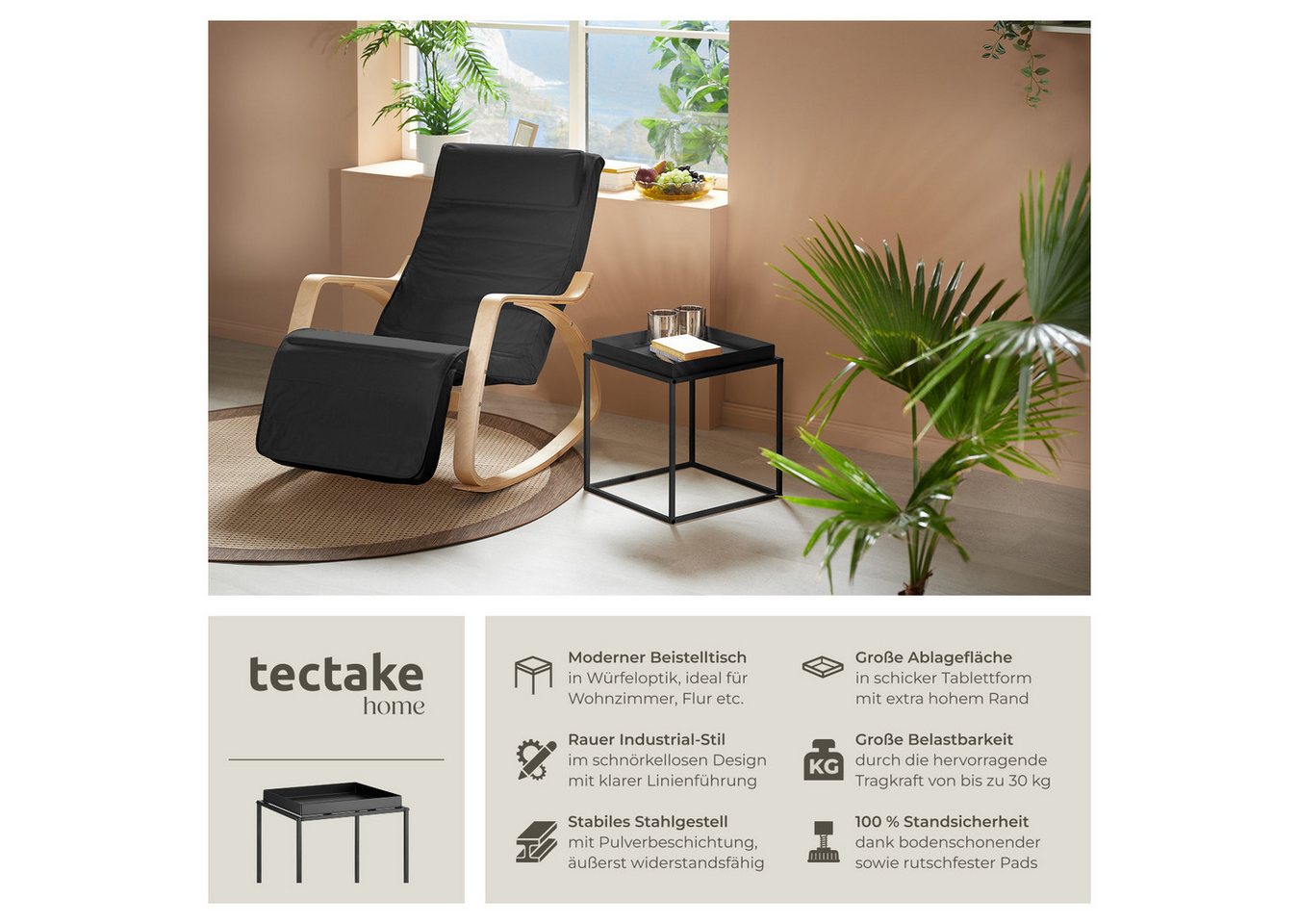 tectake Beistelltisch Ablagetisch, 40 x 40 x 44 cm, mit bodenschonenden Anti-Rutsch-Pads (Sofatisch Cambridge, 1-St., in schwarz), Stahl, ausgestattet mit Ablag – Bild 2 von 5