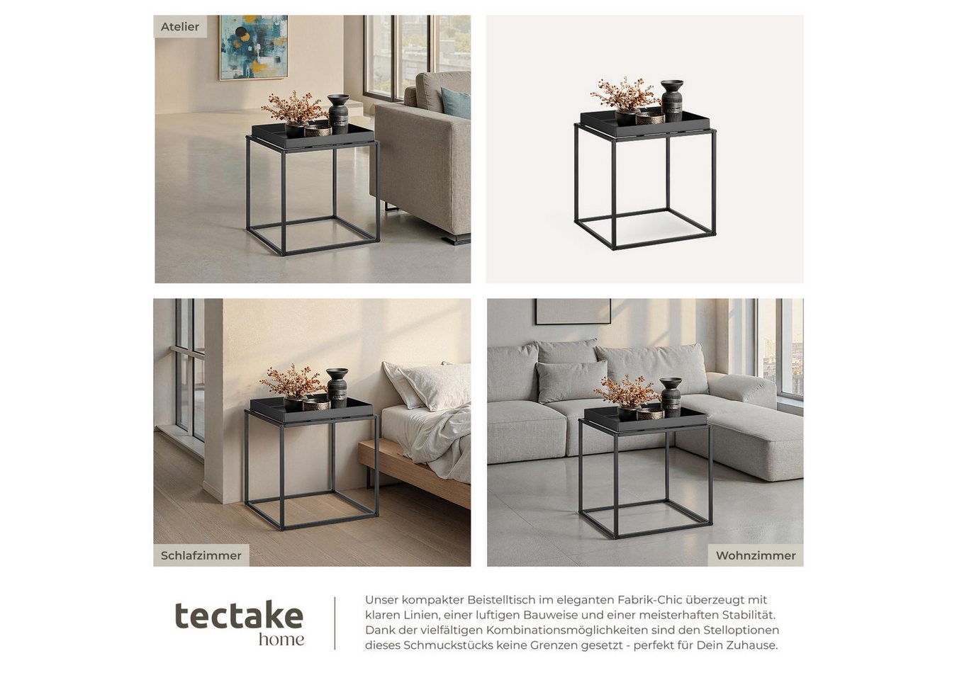 tectake Beistelltisch Ablagetisch, 40 x 40 x 44 cm, mit bodenschonenden Anti-Rutsch-Pads (Sofatisch Cambridge, 1-St., in schwarz), Stahl, ausgestattet mit Ablag – Bild 5 von 5