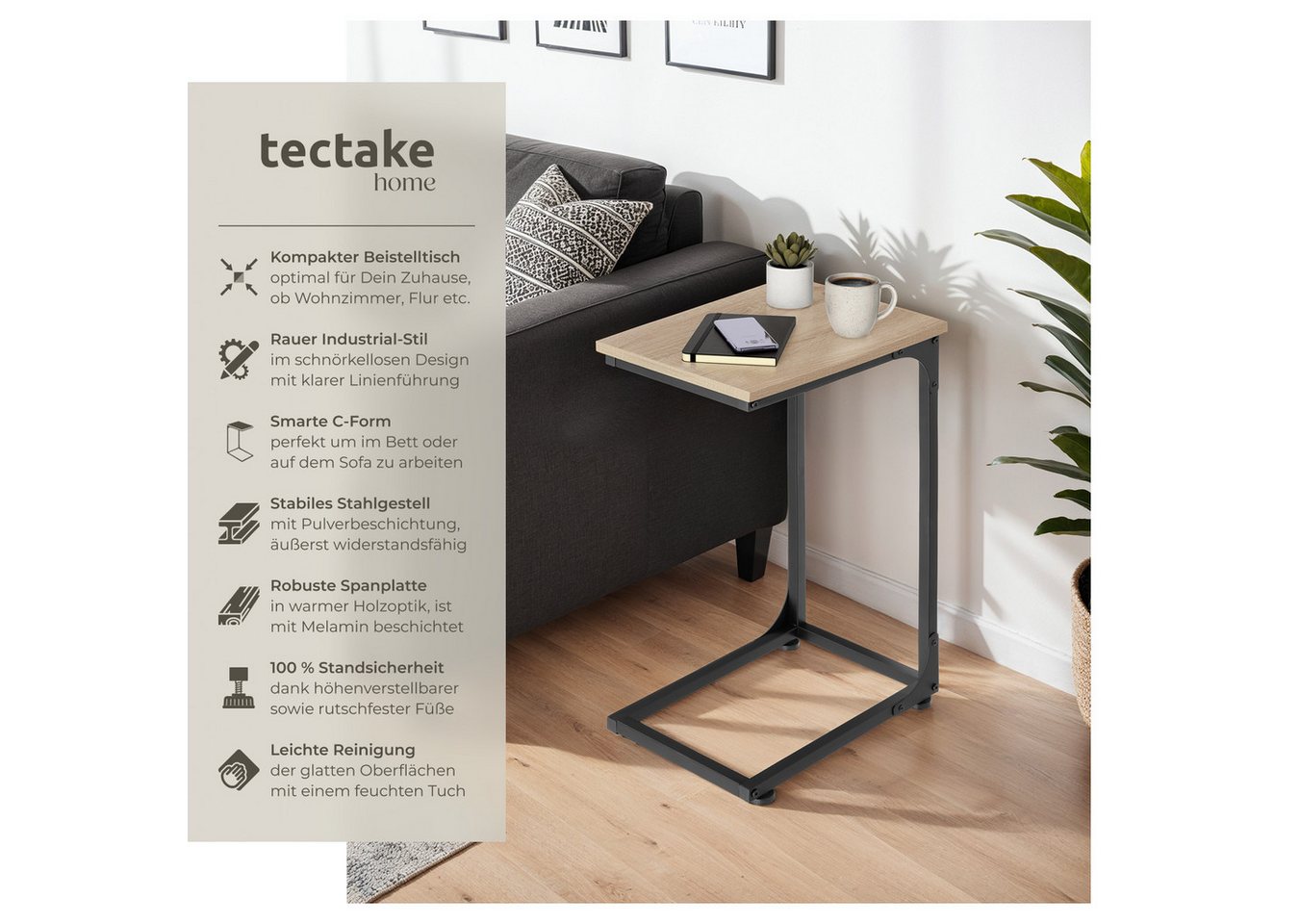 tectake Beistelltisch Ablagetisch, 40 x 30 x 63 cm, Industrial Style, Holz und Stahl (Sofatisch Erie, 1-St., in Industrial Holz hell, Eiche Sonoma), In praktisc – Bild 2 von 5