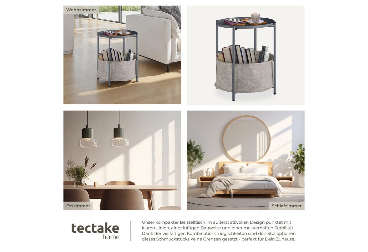 tectake Beistelltisch Ablagetisch, 45,5 x 45,5 x 53 cm, höhenverstellbare Kunststofffüße (Sofatisch Canterbury, 1-St., in dunkelgrau), Stahl und Polyester, rund – Bild 5 von 5