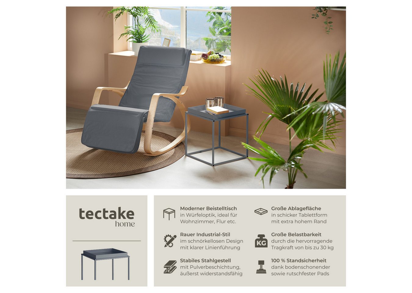 tectake Beistelltisch Ablagetisch, 40 x 40 x 44 cm, mit bodenschonenden Anti-Rutsch-Pads (Sofatisch Cambridge, 1-St., in dunkelgrau), Stahl, ausgestattet mit Ab – Bild 2 von 5