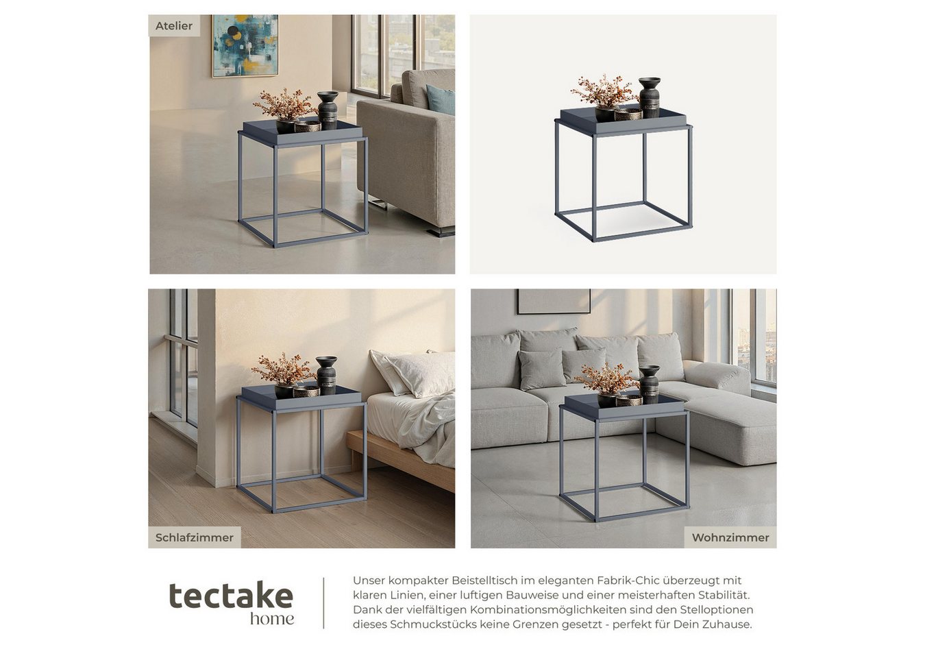 tectake Beistelltisch Ablagetisch, 40 x 40 x 44 cm, mit bodenschonenden Anti-Rutsch-Pads (Sofatisch Cambridge, 1-St., in dunkelgrau), Stahl, ausgestattet mit Ab – Bild 5 von 5