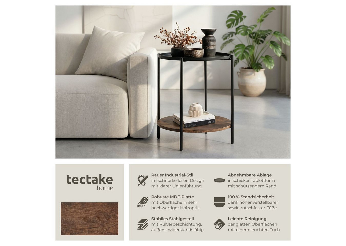 tectake Beistelltisch Ablagetisch, 45,5 x 54,5 cm, mit höhenverstellbaren Kunststofffüßen (Sofatisch Sunderland, 1-St., in Industrial Holz dunkel, rustikal), Ho – Bild 2 von 5