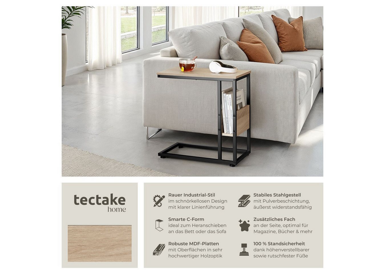 tectake Beistelltisch Ablagetisch, 55 x 36,5 x 60 cm, in praktischer C-Form mit Seitenfach (Sofatisch Wigan, 1-St., in Industrial Holz hell, Eiche Sonoma), Indu – Bild 2 von 5