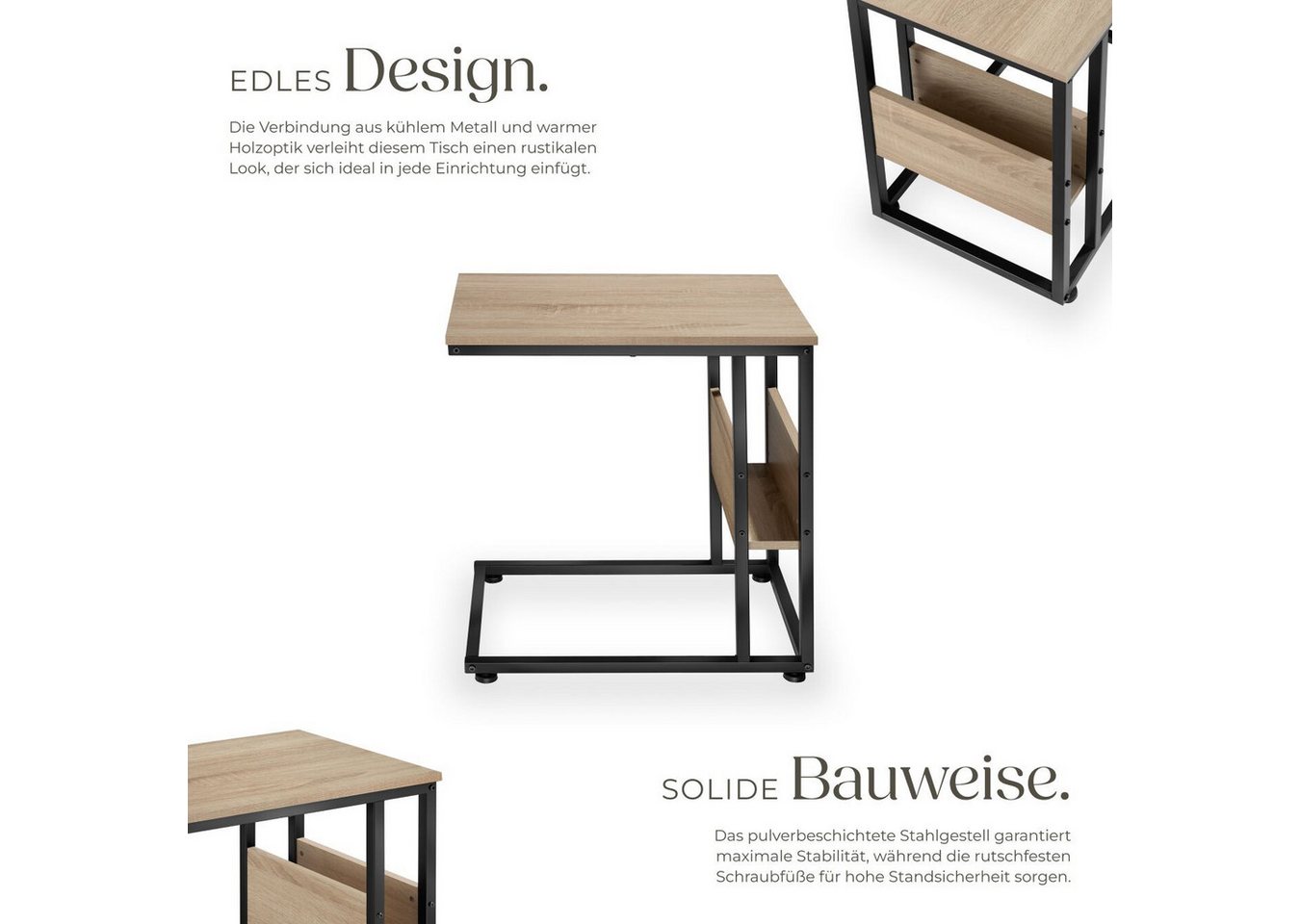 tectake Beistelltisch Ablagetisch, 55 x 36,5 x 60 cm, in praktischer C-Form mit Seitenfach (Sofatisch Wigan, 1-St., in Industrial Holz hell, Eiche Sonoma), Indu – Bild 3 von 5