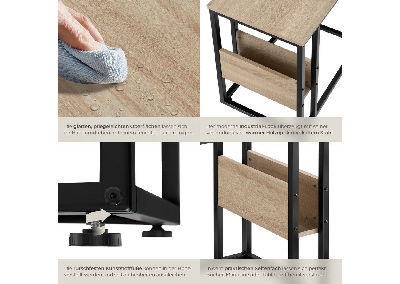 tectake Beistelltisch Ablagetisch, 55 x 36,5 x 60 cm, in praktischer C-Form mit Seitenfach (Sofatisch Wigan, 1-St., in Industrial Holz hell, Eiche Sonoma), Indu – Bild 4 von 5
