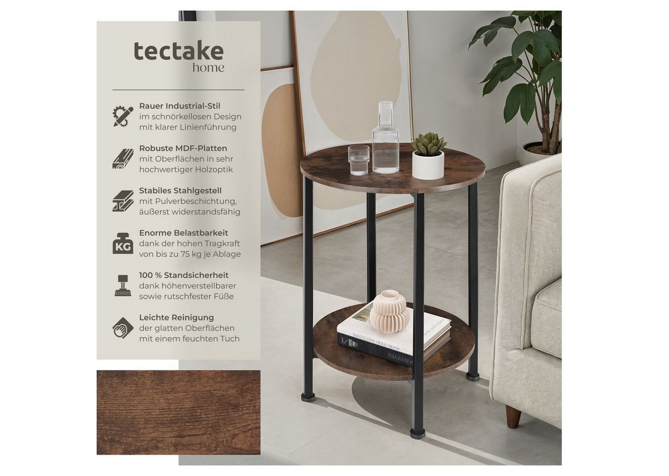 tectake Beistelltisch Runder Ablagetisch, 45 x 64 cm, im Industrial Style, mit 2 Ablagen (Sofatisch Ballina, 1-St., in Industrial Holz dunkel, rustikal), Gefert – Bild 2 von 5
