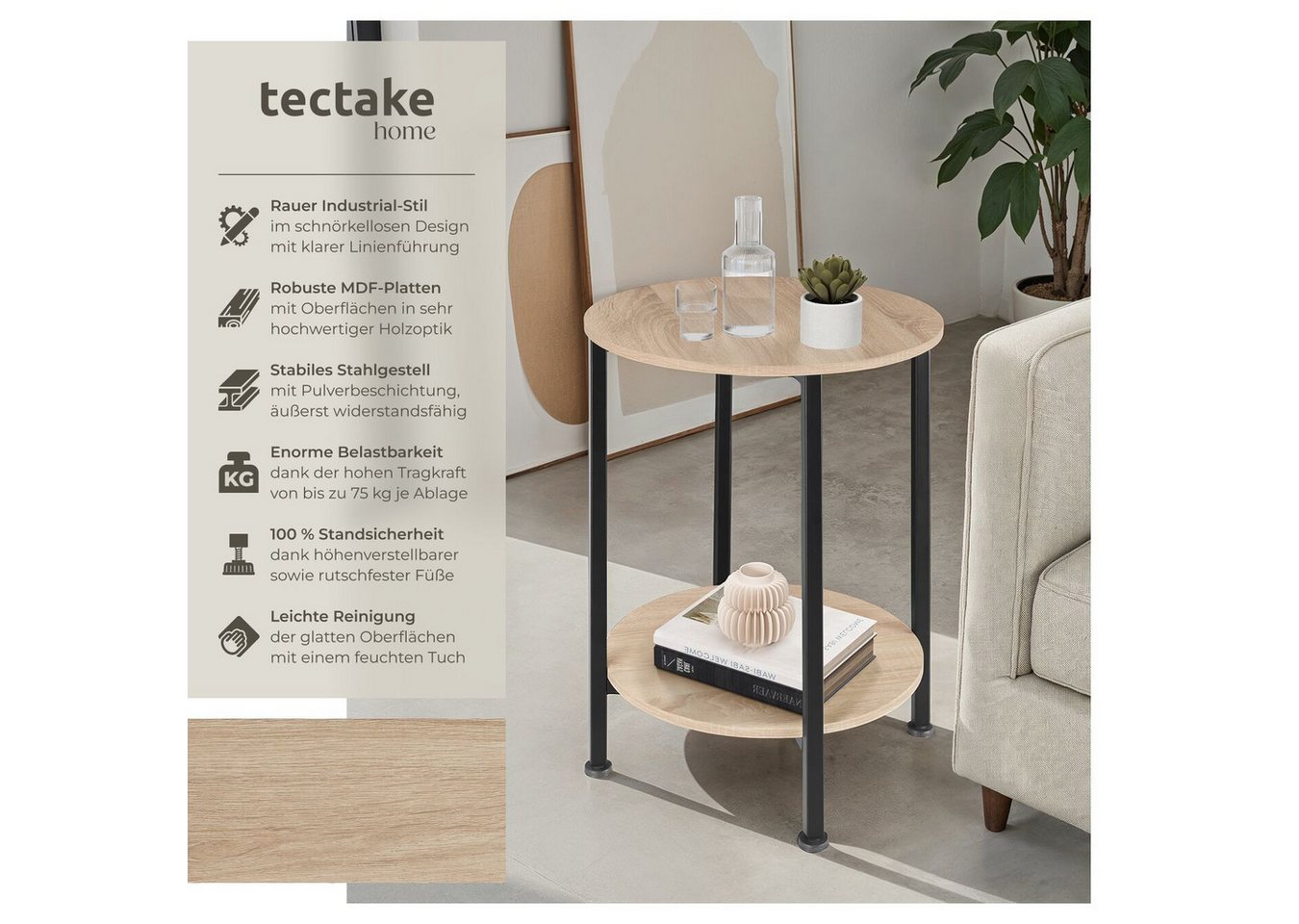 tectake Beistelltisch Runder Ablagetisch, 45 x 64 cm, im Industrial Style, mit 2 Ablagen (Sofatisch Ballina, 1-St., in Industrial Holz hell, Eiche Sonoma), Gefe – Bild 2 von 5
