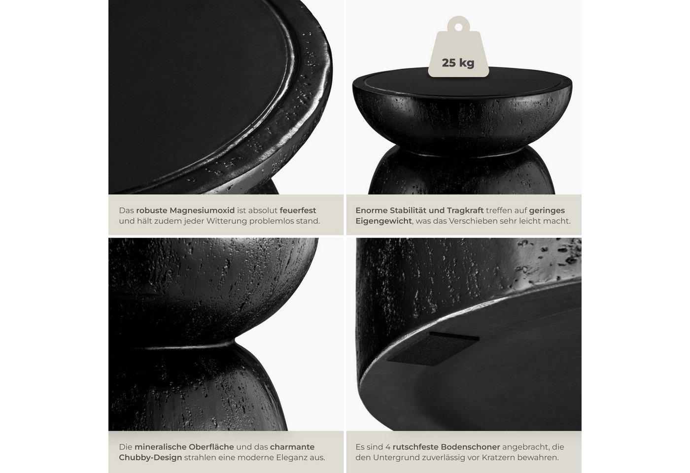tectake Beistelltisch Runder Ablagetisch, wetterfest, Magnesiumoxid, Chubby-Design, Ø 40 (Couchtisch Anisa, 1-St., in Schwarz), Mit rutschfesten Bodenschonern,  – Bild 5 von 5