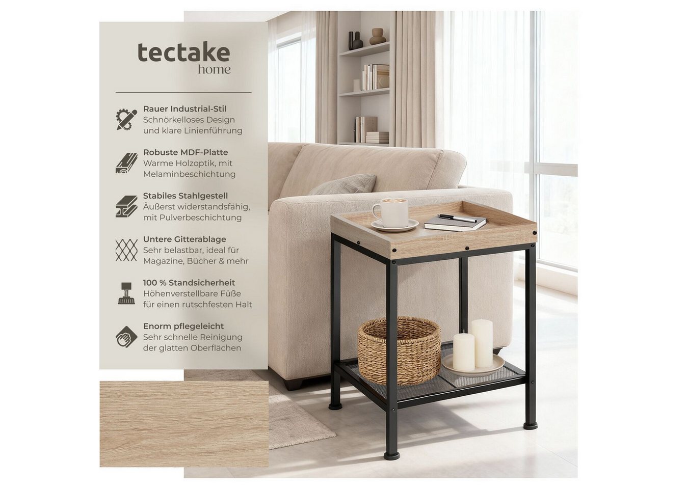 tectake Beistelltisch Schlafzimmertisch, 41,5 x 41 x 56 cm, höhenverstellbare (Couchtisch Industrial Style Rochester, 1-St., in Industrial Holz hell, Eiche Sono – Bild 2 von 5