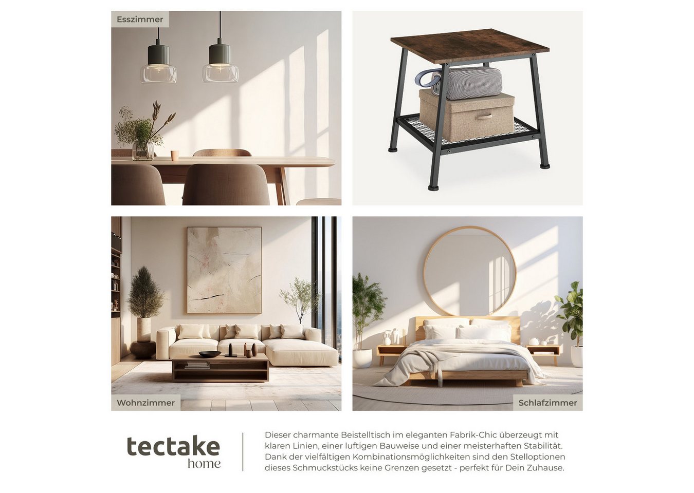 tectake Beistelltisch Schlafzimmertisch, 45,5 x 45 x 47 cm, höhenverstellbare (Couchtisch Industrial Style Bedford, 1-St., in Industrial Holz hell, Eiche Sonoma – Bild 5 von 5
