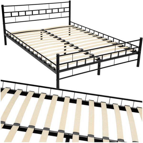 tectake Bettgestell Metallbett 140 x 200 cm mit robustem Stahlgestell und Holzlattenrost (Metall-Bettrahmen Malta, in schwarz), modernes Design, bodenschonende 
