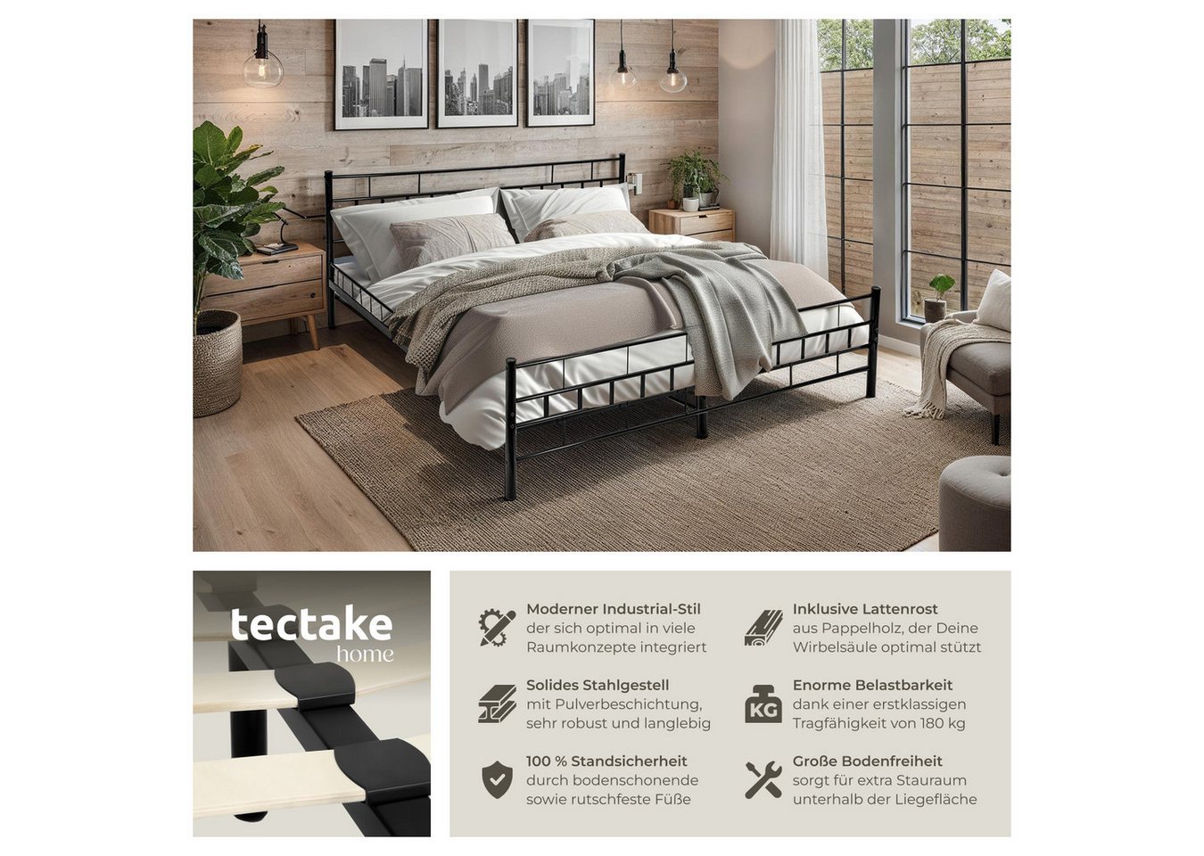 tectake Bettgestell Metallbett 140 x 200 cm mit robustem Stahlgestell und Holzlattenrost (Metall-Bettrahmen Malta, in schwarz), modernes Design, bodenschonende  – Bild 2 von 5