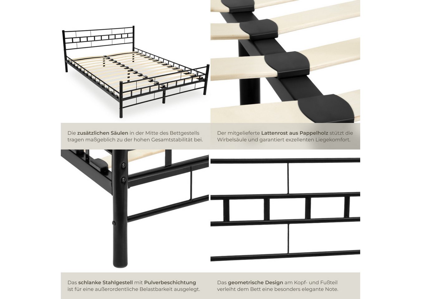 tectake Bettgestell Metallbett 140 x 200 cm mit robustem Stahlgestell und Holzlattenrost (Metall-Bettrahmen Malta, in schwarz), modernes Design, bodenschonende  – Bild 5 von 5