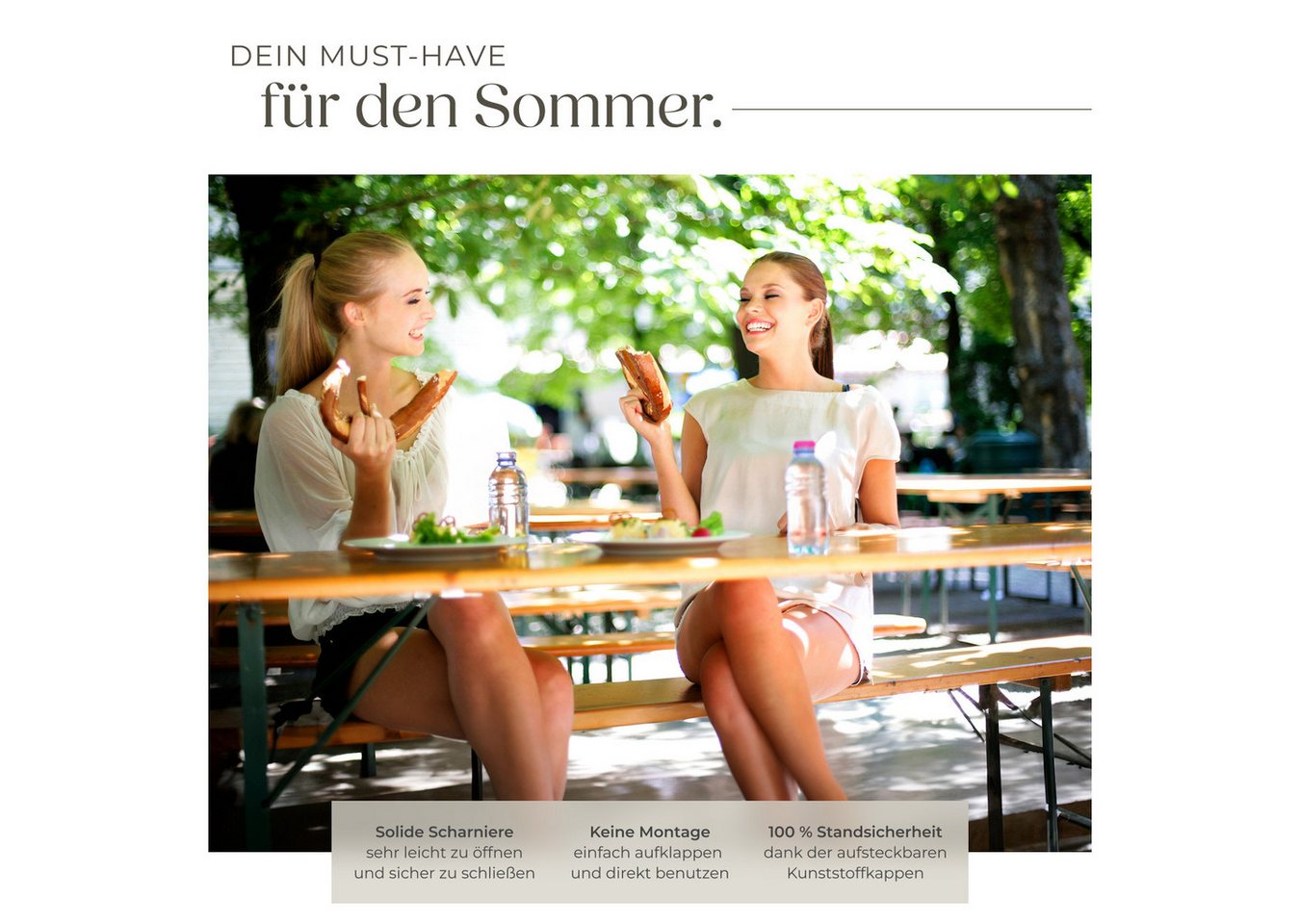 tectake Bierzeltgarnitur Festzeltgarnitur mit Sonnenschirmhalterung, Lackierung mit Klarlack, (Gartenmöbelset Ludwig, 3-tlg., in braun), aufsteckbare Kunststoff – Bild 3 von 5