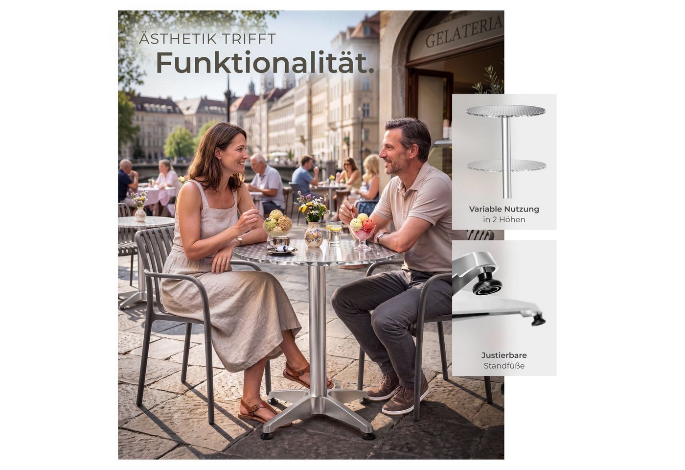 tectake Bistrotisch Aluminium-Stehtisch, höhenverstellbar, 60 x 70 / 110 cm, (Bartisch Frederic, 2-St., in silber), wetterfest, 2 Aufbauhöhen, Zementsockel, Bel – Bild 4 von 5