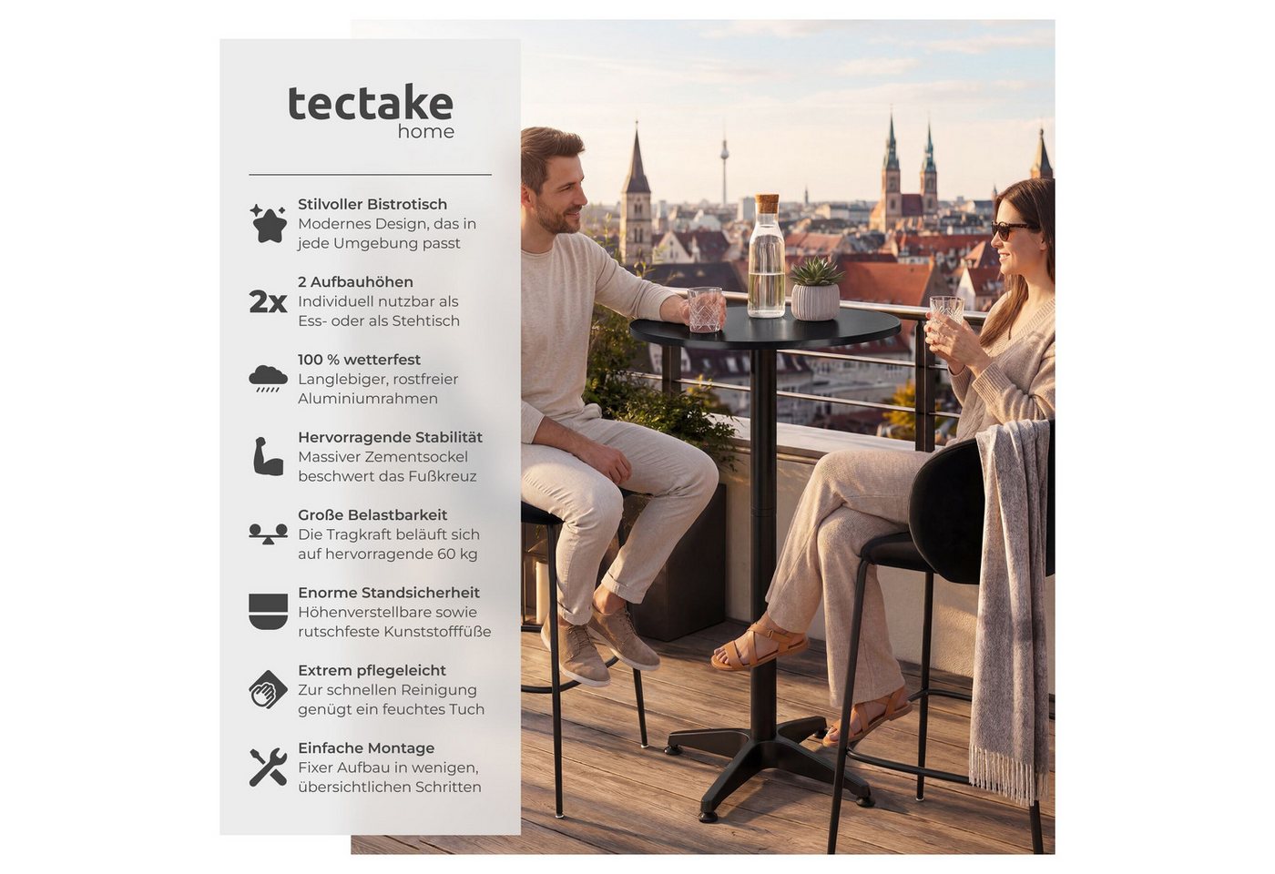 tectake Bistrotisch Aluminium-Stehtisch, höhenverstellbar, 60 x 70 / 110 cm, (Bartisch Frederic, 2-St., in schwarz), wetterfest, 2 Aufbauhöhen, Zementsockel, Be – Bild 2 von 5