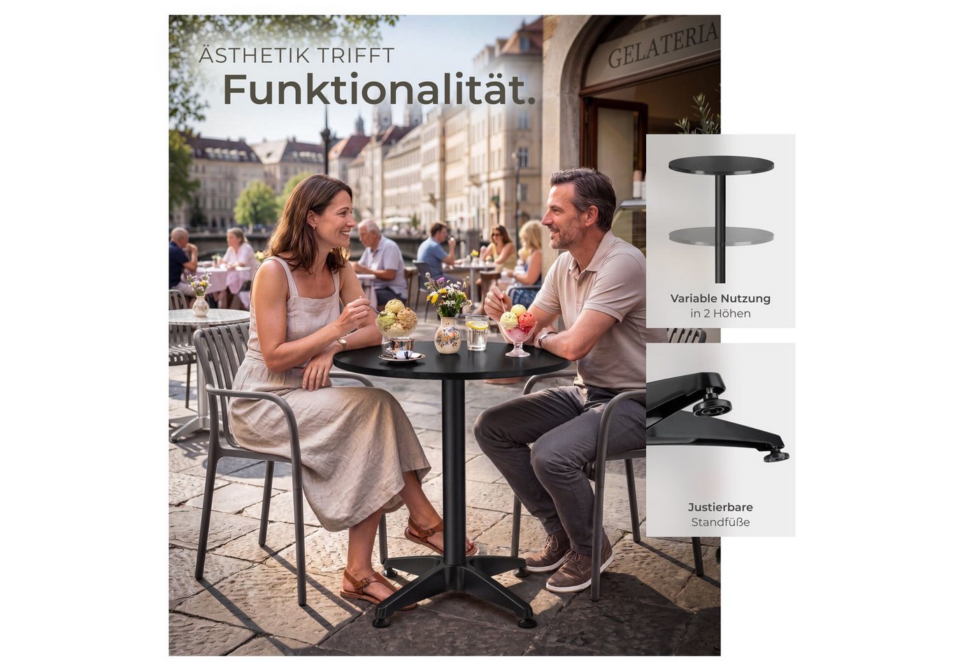 tectake Bistrotisch Aluminium-Stehtisch, höhenverstellbar, 60 x 70 / 110 cm, (Bartisch Frederic, 2-St., in schwarz), wetterfest, 2 Aufbauhöhen, Zementsockel, Be – Bild 4 von 5