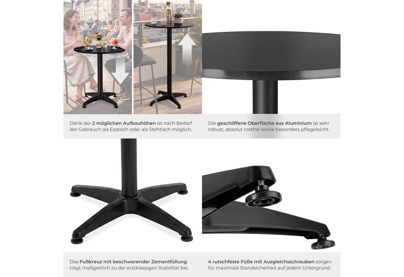 tectake Bistrotisch Aluminium-Stehtisch, höhenverstellbar, 60 x 70 / 110 cm, (Bartisch Frederic, 2-St., in schwarz), wetterfest, 2 Aufbauhöhen, Zementsockel, Be – Bild 5 von 5