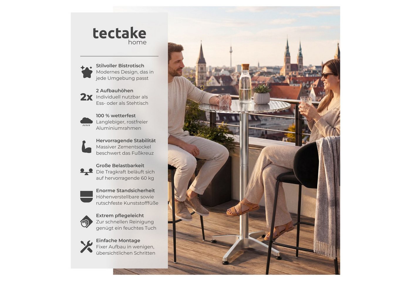 tectake Bistrotisch Aluminium-Stehtisch, höhenverstellbar, 60 x 70 / 110 cm, (Bartisch Frederic, 1-St., in silber), wetterfest, 2 Aufbauhöhen, Zementsockel, Bel – Bild 2 von 5