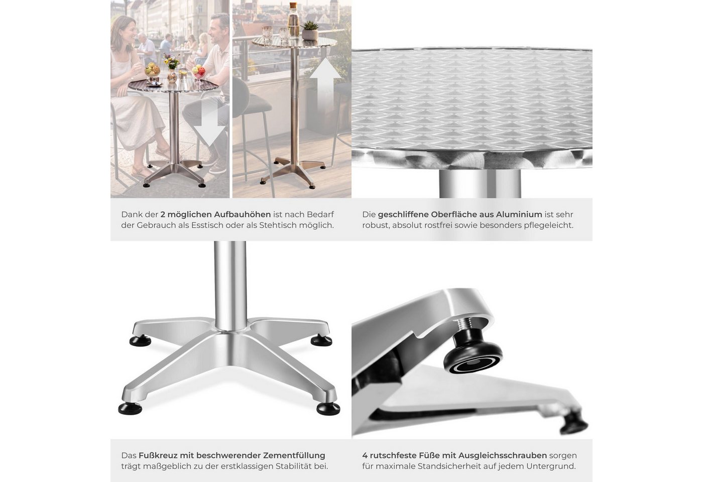 tectake Bistrotisch Aluminium-Stehtisch, höhenverstellbar, 60 x 70 / 110 cm, (Bartisch Frederic, 1-St., in silber), wetterfest, 2 Aufbauhöhen, Zementsockel, Bel – Bild 5 von 5