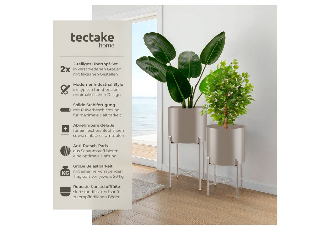 tectake Blumentopf Pflanzenständer 2-teilig, Anti-Rutsch-Pads, Belastbarkeit je 20 kg (Pflanzkübelset Mine, in Industrial Style taupe), abnehmbar, pulverbeschic – Bild 2 von 5