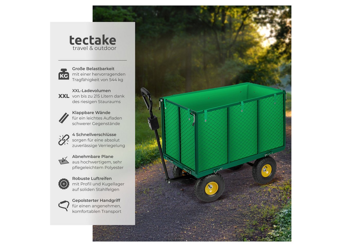 tectake Bollerwagen Handwagen groß max. 544kg mit klappbaren Seitenwänden, Luftreifen (1 Transportwagen, 1-tlg., 210L Volumen in Grün), mit klappbaren Seitenwän – Bild 2 von 5