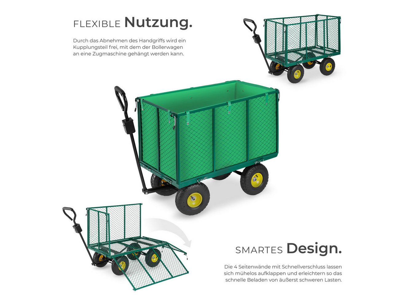 tectake Bollerwagen Handwagen groß max. 544kg mit klappbaren Seitenwänden, Luftreifen (1 Transportwagen, 1-tlg., 210L Volumen in Grün), mit klappbaren Seitenwän – Bild 3 von 5