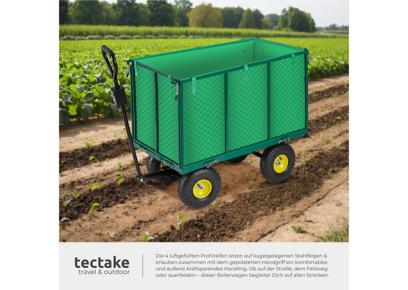 tectake Bollerwagen Handwagen groß max. 544kg mit klappbaren Seitenwänden, Luftreifen (1 Transportwagen, 1-tlg., 210L Volumen in Grün), mit klappbaren Seitenwän – Bild 4 von 5